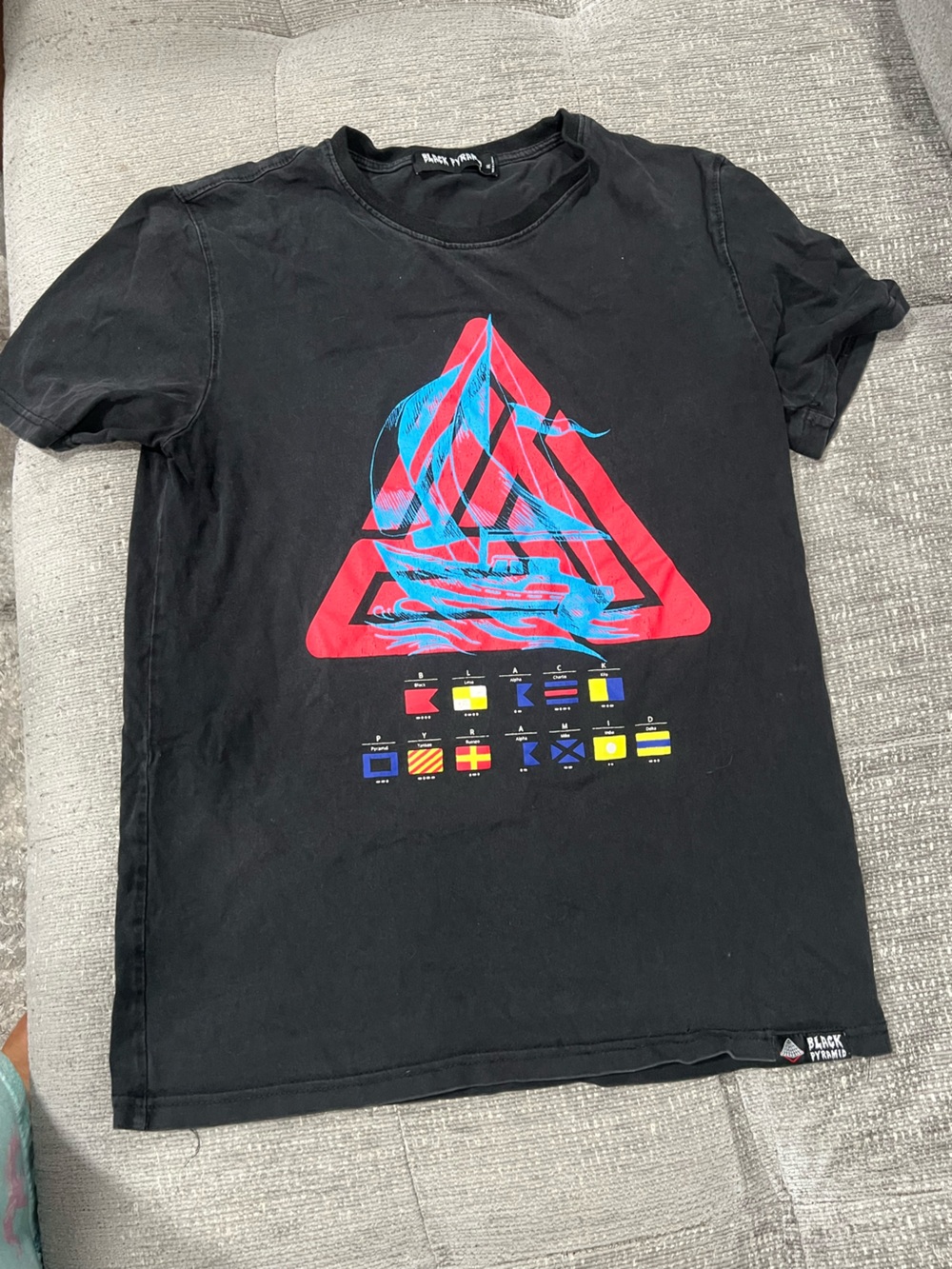 Black Pyramid Black Tee with Red Triangle & Blue Flame Graphic j36
